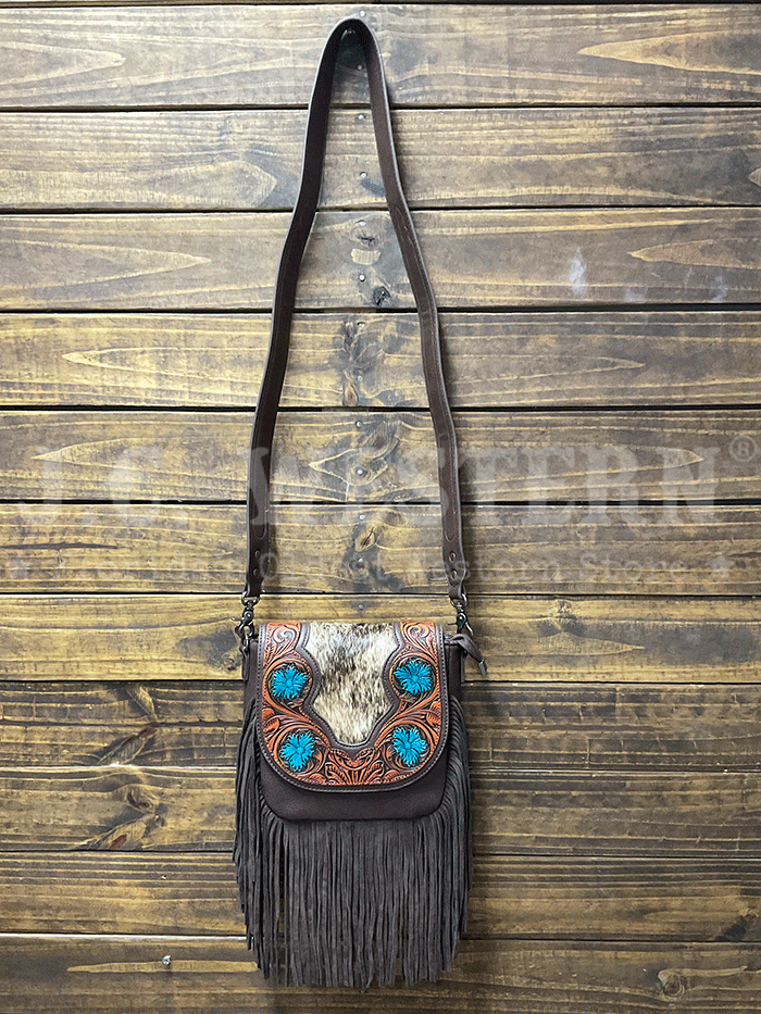 Trinity Ranch TR187-8360CF Womens Genuine Hair On Cowhide Tooled Fringe Crossbody Bag Coffee front view. If you need any assistance with this item or the purchase of this item please call us at five six one seven four eight eight eight zero one Monday through Saturday 10:00a.m EST to 8:00 p.m EST
