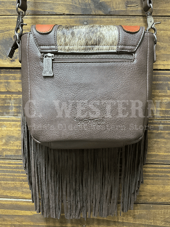 Trinity Ranch TR187-8360CF Womens Genuine Hair On Cowhide Tooled Fringe Crossbody Bag Coffee back view. If you need any assistance with this item or the purchase of this item please call us at five six one seven four eight eight eight zero one Monday through Saturday 10:00a.m EST to 8:00 p.m EST