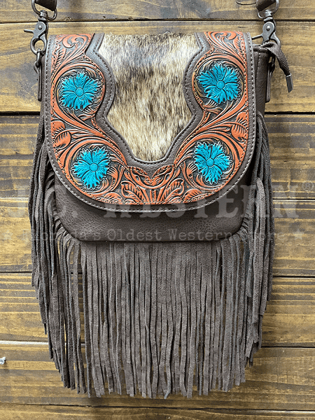 Trinity Ranch TR187-8360CF Womens Genuine Hair On Cowhide Tooled Fringe Crossbody Bag Coffee front view. If you need any assistance with this item or the purchase of this item please call us at five six one seven four eight eight eight zero one Monday through Saturday 10:00a.m EST to 8:00 p.m EST