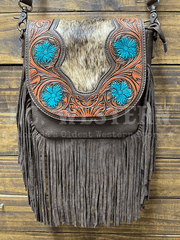 Trinity Ranch TR187-8360CF Womens Genuine Hair On Cowhide Tooled Fringe Crossbody Bag Coffee front view. If you need any assistance with this item or the purchase of this item please call us at five six one seven four eight eight eight zero one Monday through Saturday 10:00a.m EST to 8:00 p.m EST