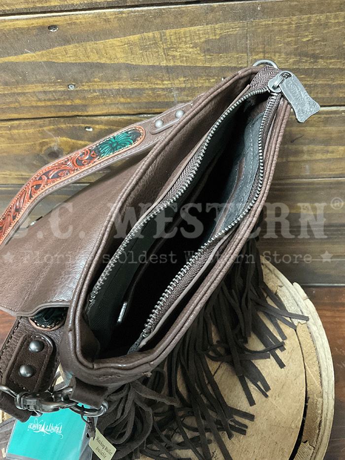 Trinity Ranch TR187-8360CF Womens Genuine Hair On Cowhide Tooled Fringe Crossbody Bag Coffee front view. If you need any assistance with this item or the purchase of this item please call us at five six one seven four eight eight eight zero one Monday through Saturday 10:00a.m EST to 8:00 p.m EST