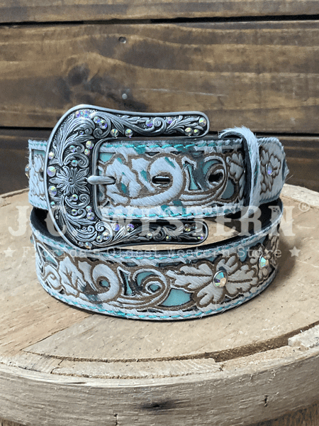 Ariat A1568633 Womens Laser Cut Underlay Belt Turquoise front view. If you need any assistance with this item or the purchase of this item please call us at five six one seven four eight eight eight zero one Monday through Saturday 10:00a.m EST to 8:00 p.m EST
