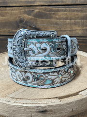 Ariat A1568633 Womens Laser Cut Underlay Belt Turquoise front view. If you need any assistance with this item or the purchase of this item please call us at five six one seven four eight eight eight zero one Monday through Saturday 10:00a.m EST to 8:00 p.m EST