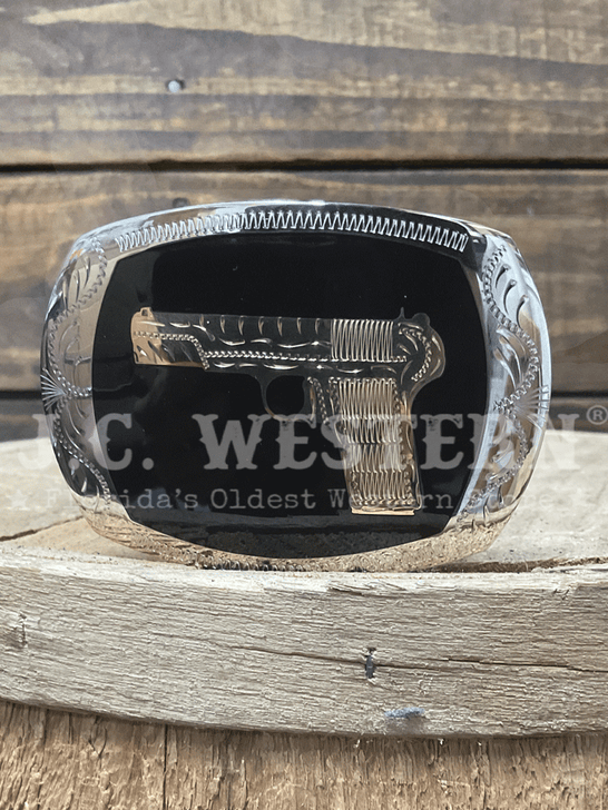 Colorado Silver Star 0-648-R-SB 45 Automatic Gun Buckle Silver Black And Gold front view. If you need any assistance with this item or the purchase of this item please call us at five six one seven four eight eight eight zero one Monday through Saturday 10:00a.m EST to 8:00 p.m EST