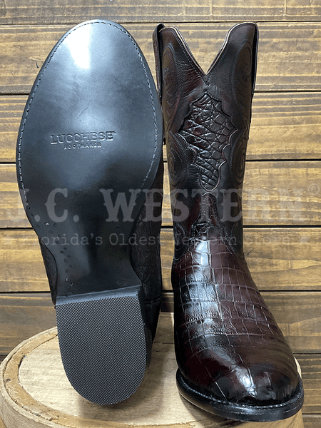 Lucchese GY1029.63 Mens Jones Caiman And Buffalo Boots Black Cherry sole and front view. If you need any assistance with this item or the purchase of this item please call us at five six one seven four eight eight eight zero one Monday through Saturday 10:00a.m EST to 8:00 p.m EST