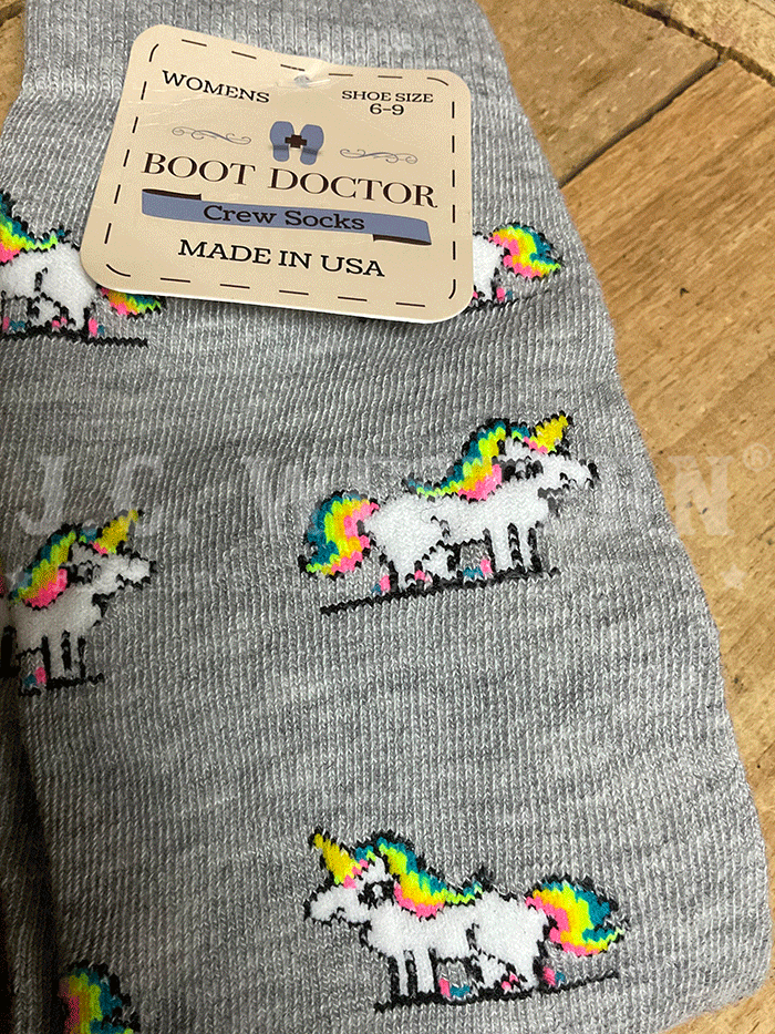 Boot Doctor 0421606 Ladies Crew Rainbow Unicorn Socks Grey front view. If you need any assistance with this item or the purchase of this item please call us at five six one seven four eight eight eight zero one Monday through Saturday 10:00a.m EST to 8:00 p.m EST