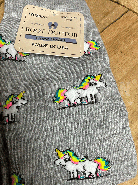 Boot Doctor 0421606 Ladies Crew Rainbow Unicorn Socks Grey close up. If you need any assistance with this item or the purchase of this item please call us at five six one seven four eight eight eight zero one Monday through Saturday 10:00a.m EST to 8:00 p.m EST