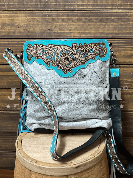 Myra Bag S-8017 Womens Pony Trail Fringed Hand-Tooled Bag front view. If you need any assistance with this item or the purchase of this item please call us at five six one seven four eight eight eight zero one Monday through Saturday 10:00a.m EST to 8:00 p.m EST

