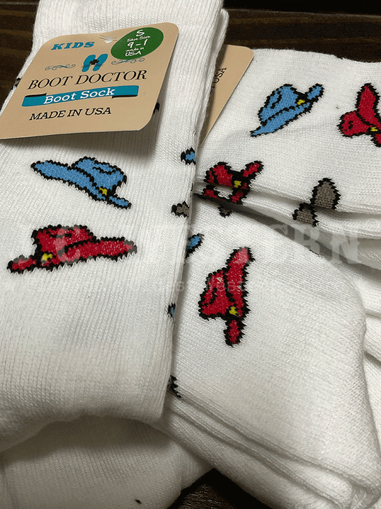 Boot Doctor 0421305 Kids Crew COWBOY HATS Socks White close up different sizes. If you need any assistance with this item or the purchase of this item please call us at five six one seven four eight eight eight zero one Monday through Saturday 10:00a.m EST to 8:00 p.m EST