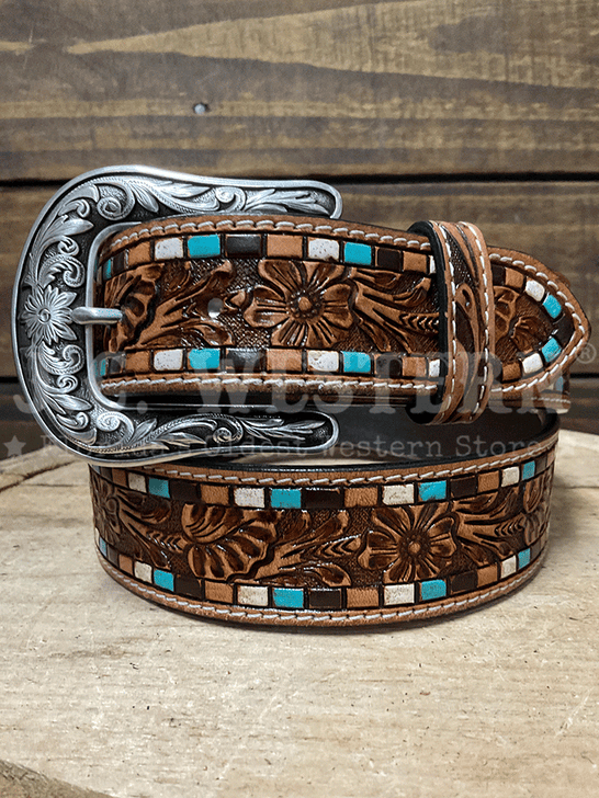 Nocona N320007102 Womens Floral Tooled Hand Painted Belt Brown front view. If you need any assistance with this item or the purchase of this item please call us at five six one seven four eight eight eight zero one Monday through Saturday 10:00a.m EST to 8:00 p.m EST