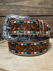Nocona N320007102 Womens Floral Tooled Hand Painted Belt Brown front view. If you need any assistance with this item or the purchase of this item please call us at five six one seven four eight eight eight zero one Monday through Saturday 10:00a.m EST to 8:00 p.m EST