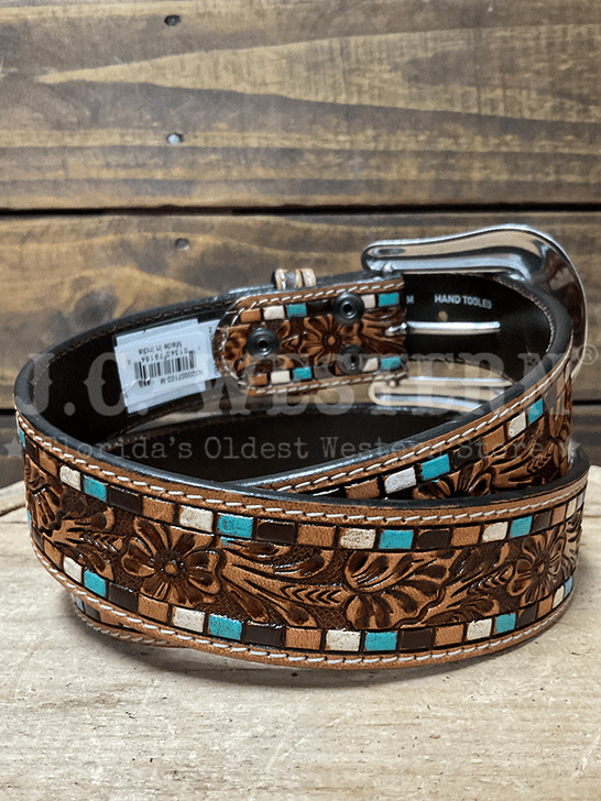 Nocona N320007102 Womens Floral Tooled Hand Painted Belt Brown back view. If you need any assistance with this item or the purchase of this item please call us at five six one seven four eight eight eight zero one Monday through Saturday 10:00a.m EST to 8:00 p.m EST