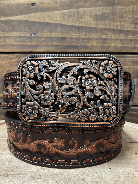 Ariat A1567147 Womens Floral Embossed Step Lace Belt Chocolate front view. If you need any assistance with this item or the purchase of this item please call us at five six one seven four eight eight eight zero one Monday through Saturday 10:00a.m EST to 8:00 p.m EST