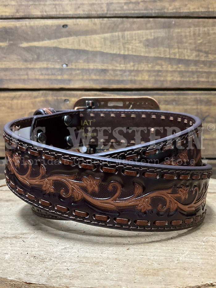 Ariat A1567147 Womens Floral Embossed Step Lace Belt Chocolate front view. If you need any assistance with this item or the purchase of this item please call us at five six one seven four eight eight eight zero one Monday through Saturday 10:00a.m EST to 8:00 p.m EST