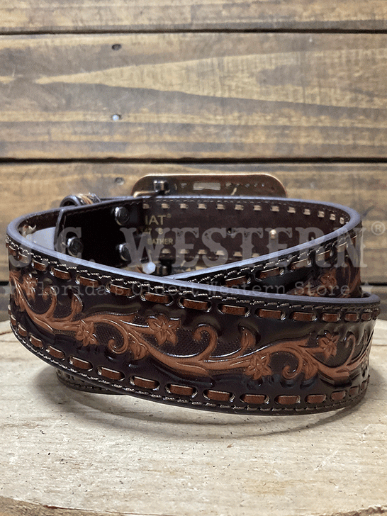 Ariat A1567147 Womens Floral Embossed Step Lace Belt Chocolate back view. If you need any assistance with this item or the purchase of this item please call us at five six one seven four eight eight eight zero one Monday through Saturday 10:00a.m EST to 8:00 p.m EST