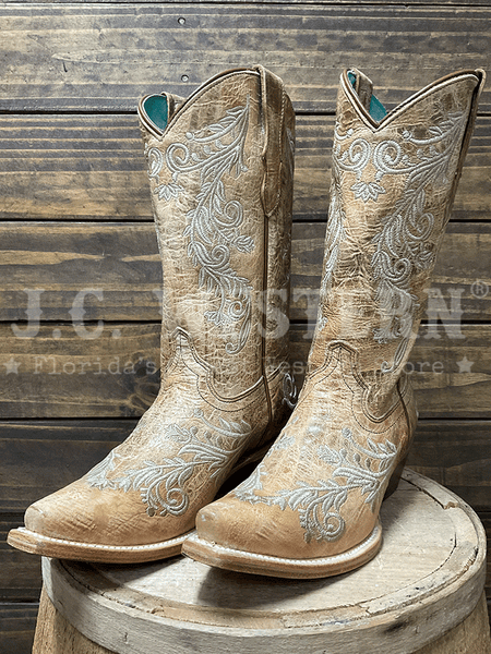 Corral T0232 Kids Floral Embroidery Snip Toe Boot Tan side / front view pair. If you need any assistance with this item or the purchase of this item please call us at five six one seven four eight eight eight zero one Monday through Saturday 10:00a.m EST to 8:00 p.m EST
