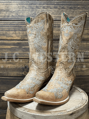 Corral T0232 Kids Floral Embroidery Snip Toe Boot Tan side / front view pair. If you need any assistance with this item or the purchase of this item please call us at five six one seven four eight eight eight zero one Monday through Saturday 10:00a.m EST to 8:00 p.m EST