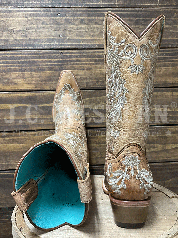 Corral T0232 Kids Floral Embroidery Snip Toe Boot Tan side / front view pair. If you need any assistance with this item or the purchase of this item please call us at five six one seven four eight eight eight zero one Monday through Saturday 10:00a.m EST to 8:00 p.m EST