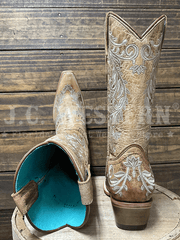 Corral T0232 Kids Floral Embroidery Snip Toe Boot Tan toe and back view. If you need any assistance with this item or the purchase of this item please call us at five six one seven four eight eight eight zero one Monday through Saturday 10:00a.m EST to 8:00 p.m EST