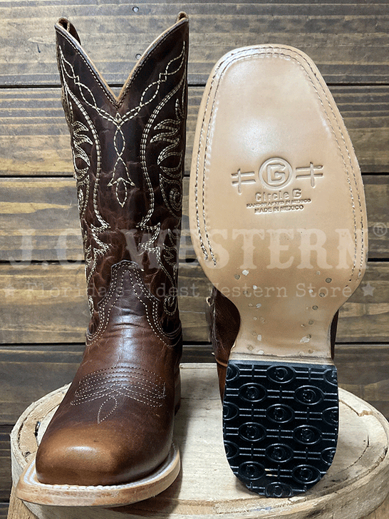 Circle G L6324 Ladies Embroidery Square Toe Boot Brown front and sole view. If you need any assistance with this item or the purchase of this item please call us at five six one seven four eight eight eight zero one Monday through Saturday 10:00a.m EST to 8:00 p.m EST