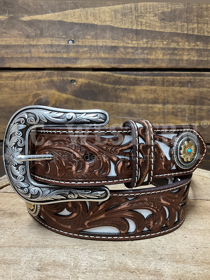 Nocona N320007702 Womens Floral Filigree Underlay Brown and White front view. If you need any assistance with this item or the purchase of this item please call us at five six one seven four eight eight eight zero one Monday through Saturday 10:00a.m EST to 8:00 p.m EST