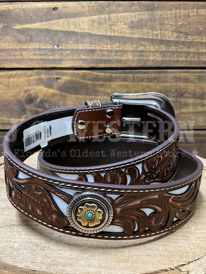 Nocona N320007702 Womens Floral Filigree Underlay Brown and White front view. If you need any assistance with this item or the purchase of this item please call us at five six one seven four eight eight eight zero one Monday through Saturday 10:00a.m EST to 8:00 p.m EST