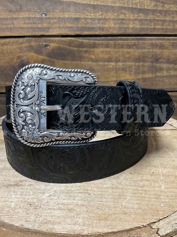 Ariat A1568701 Womens Floral Embossed Belt Black front view. If you need any assistance with this item or the purchase of this item please call us at five six one seven four eight eight eight zero one Monday through Saturday 10:00a.m EST to 8:00 p.m EST