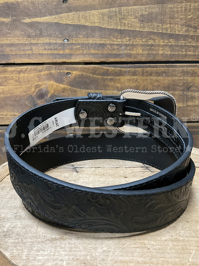 Ariat A1568701 Womens Floral Embossed Belt Black front view. If you need any assistance with this item or the purchase of this item please call us at five six one seven four eight eight eight zero one Monday through Saturday 10:00a.m EST to 8:00 p.m EST