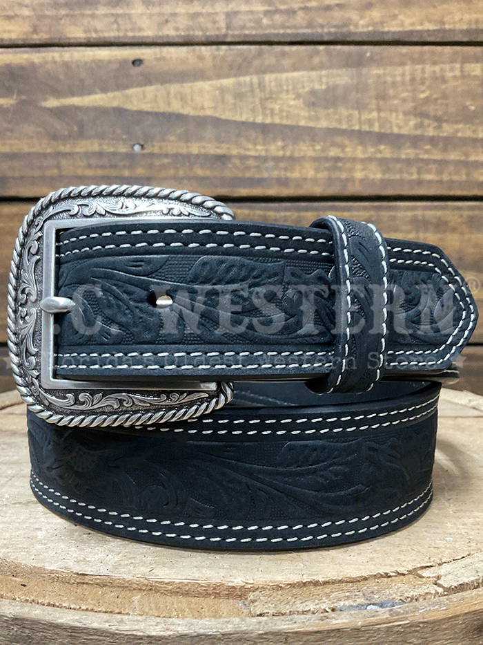 Ariat A1012401 Mens Tooled Double Stitch Leather Belt Black front view. If you need any assistance with this item or the purchase of this item please call us at five six one seven four eight eight eight zero one Monday through Saturday 10:00a.m EST to 8:00 p.m EST
