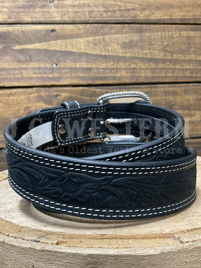 Ariat A1012401 Mens Tooled Double Stitch Leather Belt Black front view. If you need any assistance with this item or the purchase of this item please call us at five six one seven four eight eight eight zero one Monday through Saturday 10:00a.m EST to 8:00 p.m EST