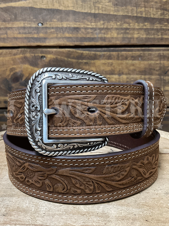 Ariat A1012402 Mens Tooled Double Stitch Leather Belt Brown front view. If you need any assistance with this item or the purchase of this item please call us at five six one seven four eight eight eight zero one Monday through Saturday 10:00a.m EST to 8:00 p.m EST