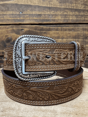 Ariat A1012402 Mens Tooled Double Stitch Leather Belt Brown front view. If you need any assistance with this item or the purchase of this item please call us at five six one seven four eight eight eight zero one Monday through Saturday 10:00a.m EST to 8:00 p.m EST
