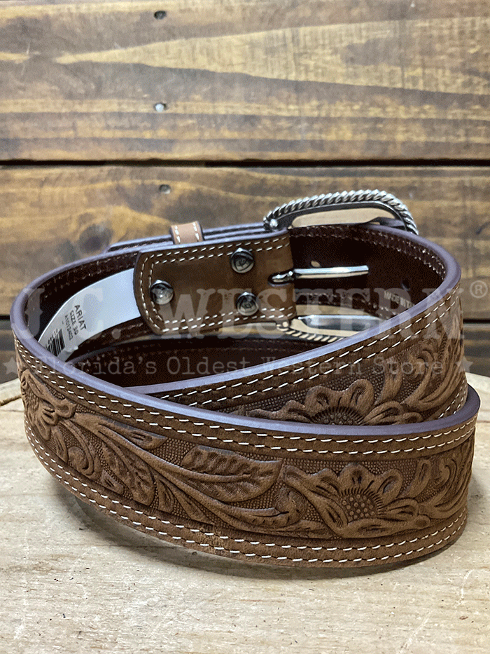 Ariat A1012402 Mens Tooled Double Stitch Leather Belt Brown front view. If you need any assistance with this item or the purchase of this item please call us at five six one seven four eight eight eight zero one Monday through Saturday 10:00a.m EST to 8:00 p.m EST
