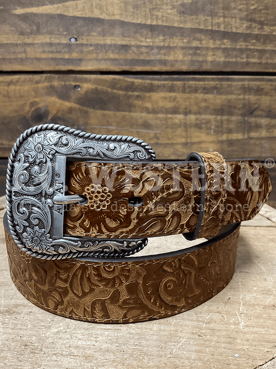 Ariat A1568702 Womens Floral Embossed Western Belt Brown front view. If you need any assistance with this item or the purchase of this item please call us at five six one seven four eight eight eight zero one Monday through Saturday 10:00a.m EST to 8:00 p.m EST