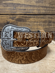 Ariat A1568702 Womens Floral Embossed Western Belt Brown front view. If you need any assistance with this item or the purchase of this item please call us at five six one seven four eight eight eight zero one Monday through Saturday 10:00a.m EST to 8:00 p.m EST