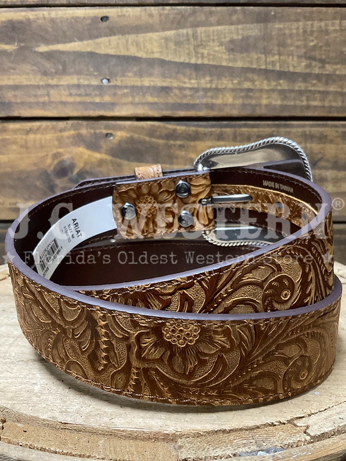 Ariat A1568702 Womens Floral Embossed Western Belt Brown front view. If you need any assistance with this item or the purchase of this item please call us at five six one seven four eight eight eight zero one Monday through Saturday 10:00a.m EST to 8:00 p.m EST