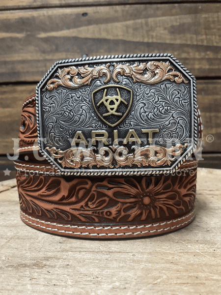 Ariat A1309108 Kids Floral Embossed Belt Tan front view. If you need any assistance with this item or the purchase of this item please call us at five six one seven four eight eight eight zero one Monday through Saturday 10:00a.m EST to 8:00 p.m EST