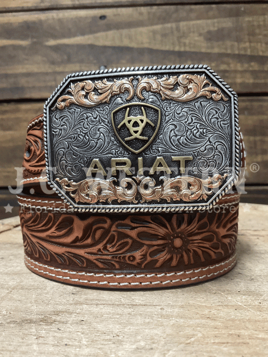 Ariat A1309108 Kids Floral Embossed Belt Tan front view. If you need any assistance with this item or the purchase of this item please call us at five six one seven four eight eight eight zero one Monday through Saturday 10:00a.m EST to 8:00 p.m EST