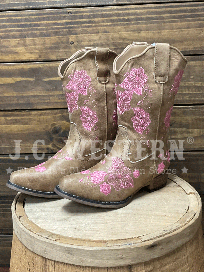 Roper 09-018-0191-3695 Kids Riley Flowers Western Boot Tan front and side view of pair. If you need any assistance with this item or the purchase of this item please call us at five six one seven four eight eight eight zero one Monday through Saturday 10:00a.m EST to 8:00 p.m EST
