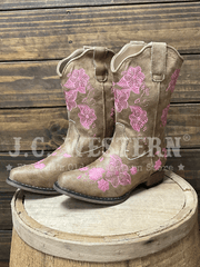 Roper 09-018-0191-3695 Kids Riley Flowers Western Boot Tan front and side view of pair. If you need any assistance with this item or the purchase of this item please call us at five six one seven four eight eight eight zero one Monday through Saturday 10:00a.m EST to 8:00 p.m EST
