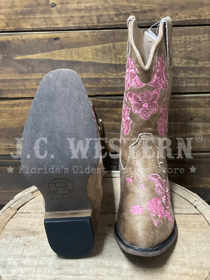 Roper 09-018-0191-3695 Kids Riley Flowers Western Boot Tan front and side view of pair. If you need any assistance with this item or the purchase of this item please call us at five six one seven four eight eight eight zero one Monday through Saturday 10:00a.m EST to 8:00 p.m EST
