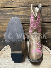 Roper 09-018-0191-3695 Kids Riley Flowers Western Boot Tan front and sole view. If you need any assistance with this item or the purchase of this item please call us at five six one seven four eight eight eight zero one Monday through Saturday 10:00a.m EST to 8:00 p.m EST