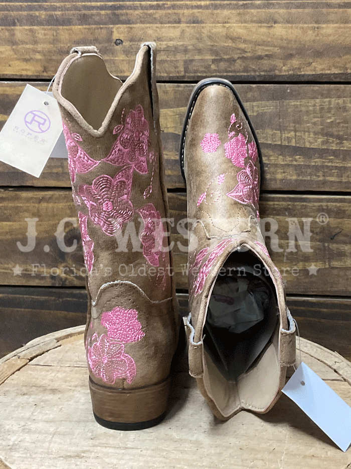 Roper 09-018-0191-3695 Kids Riley Flowers Western Boot Tan front and side view of pair. If you need any assistance with this item or the purchase of this item please call us at five six one seven four eight eight eight zero one Monday through Saturday 10:00a.m EST to 8:00 p.m EST

