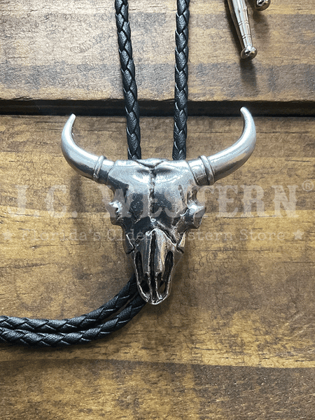 Double S 22233 Steer Skull Bolo Tie Silver close up. If you need any assistance with this item or the purchase of this item please call us at five six one seven four eight eight eight zero one Monday through Saturday 10:00a.m EST to 8:00 p.m EST