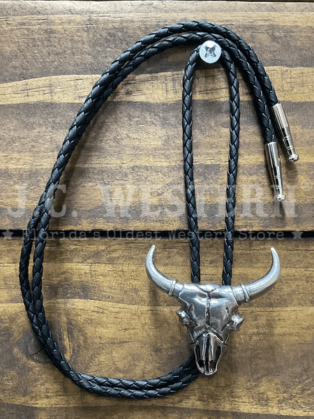 Double S 22233 Steer Skull Bolo Tie Silver front view. If you need any assistance with this item or the purchase of this item please call us at five six one seven four eight eight eight zero one Monday through Saturday 10:00a.m EST to 8:00 p.m EST