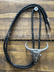 Double S 22233 Steer Skull Bolo Tie Silver front view. If you need any assistance with this item or the purchase of this item please call us at five six one seven four eight eight eight zero one Monday through Saturday 10:00a.m EST to 8:00 p.m EST