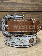 Ariat A1309305 Kids Filigree Flower Leaves Belt White front view. If you need any assistance with this item or the purchase of this item please call us at five six one seven four eight eight eight zero one Monday through Saturday 10:00a.m EST to 8:00 p.m EST