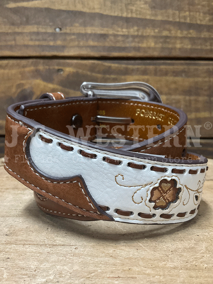 Ariat A1309305 Kids Filigree Flower Leaves Belt White front view. If you need any assistance with this item or the purchase of this item please call us at five six one seven four eight eight eight zero one Monday through Saturday 10:00a.m EST to 8:00 p.m EST
