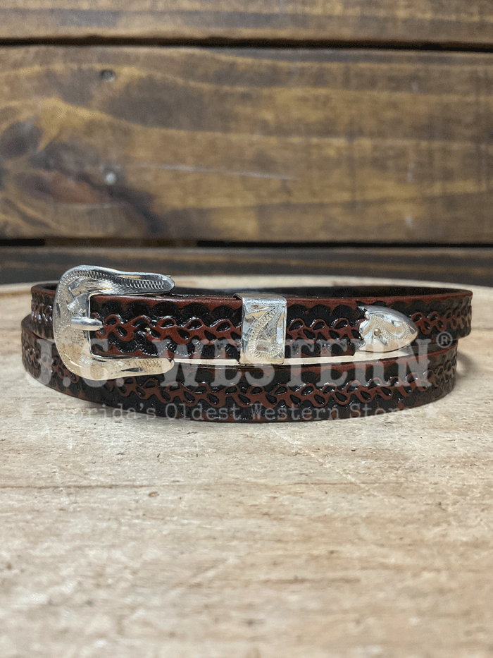 Twister 0201002 Hand Tooled Hatband Dark Brown front view. If you need any assistance with this item or the purchase of this item please call us at five six one seven four eight eight eight zero one Monday through Saturday 10:00a.m EST to 8:00 p.m EST