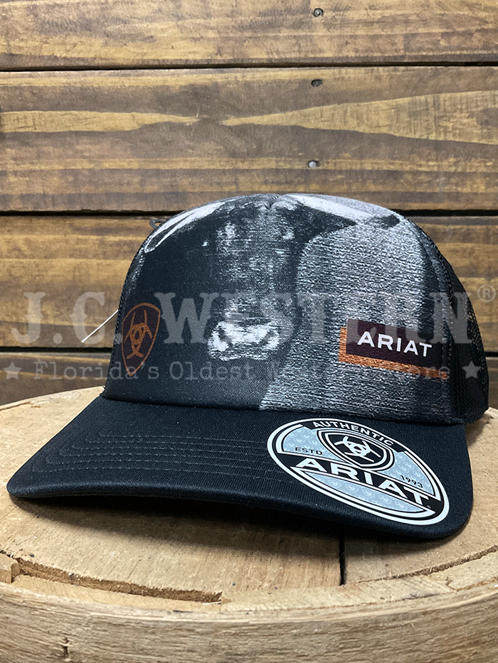 Ariat A300093801 Snapback Bull Print Cap Black front view. If you need any assistance with this item or the purchase of this item please call us at five six one seven four eight eight eight zero one Monday through Saturday 10:00a.m EST to 8:00 p.m EST